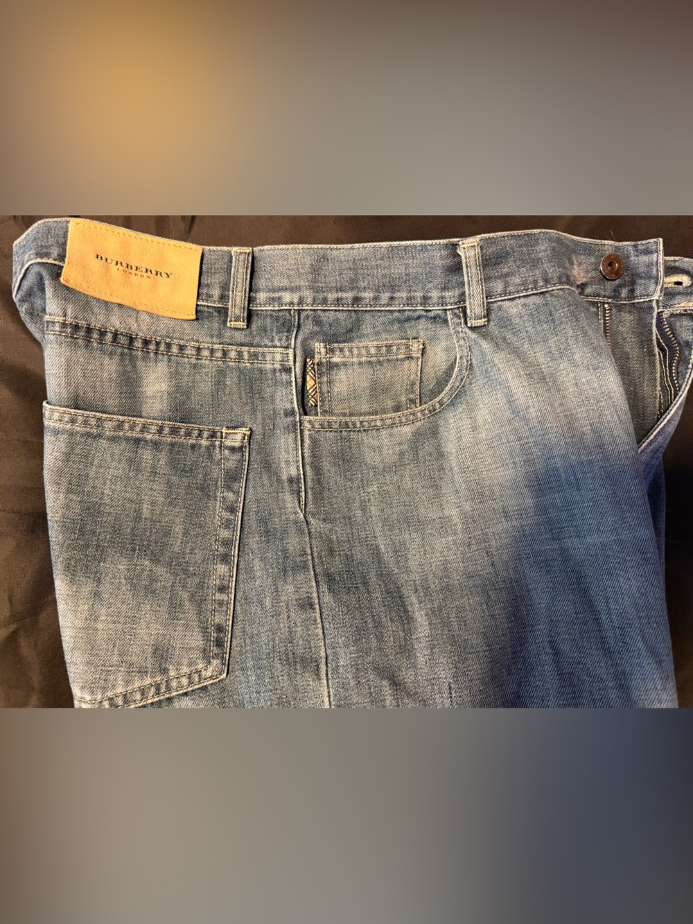 Burberry Light Blue Men’s Jeans with Tan Leather Patch 34R